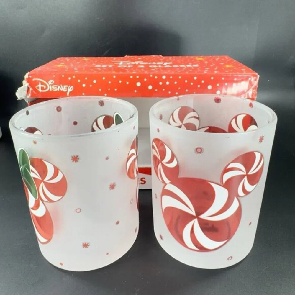 Disney Christmas Peppermint Cup Lowball Tumbler Set 2 New In‎ Box Clear Frosted